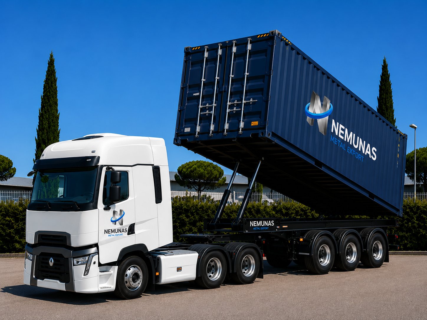 Camión Nemunas Metal Export con contenedor volcado